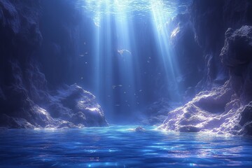 Obraz premium A blue ocean with a rocky shoreline and sunlight shining through the water