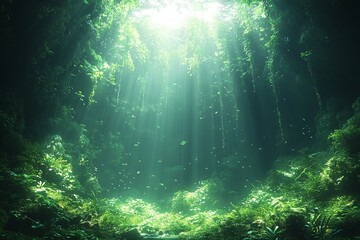 Obraz premium A lush green forest with sunlight shining through the trees