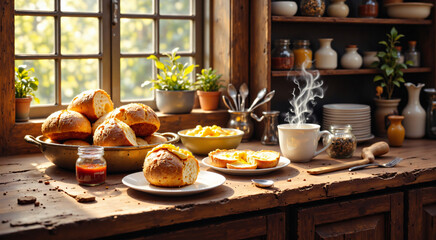 Hearty Family Breakfast in a Sunlit Country Kitchen