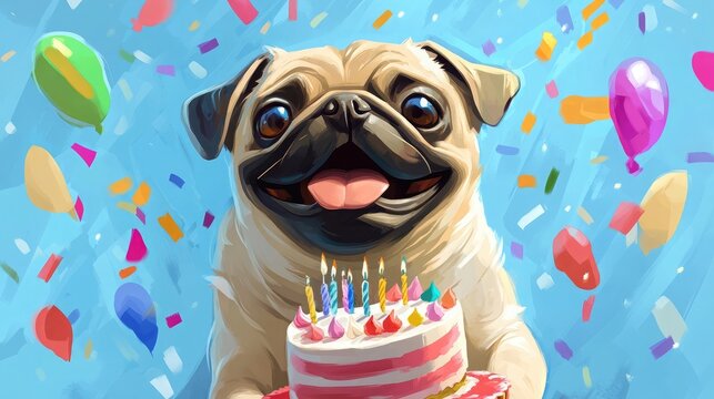 A cute pug dog is celebrating his birthday with a colorful cake and balloons. He looks so happy and excited!