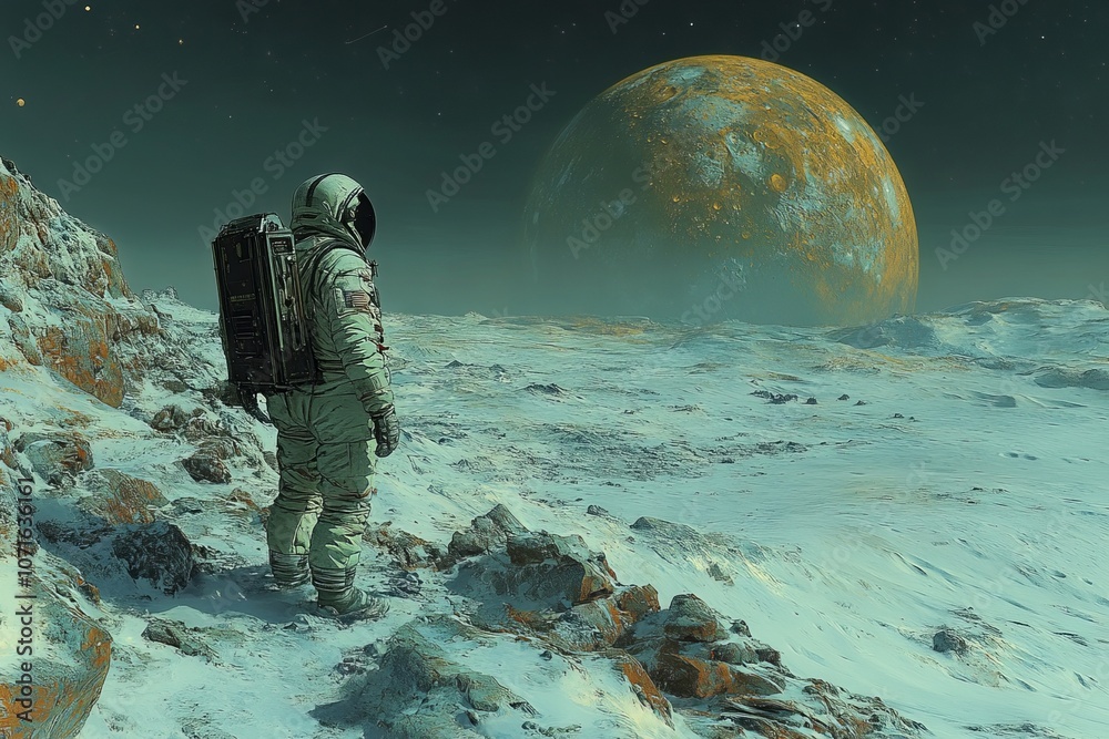 Wall mural a man in a spacesuit stands on a snowy surface looking up at a large planet