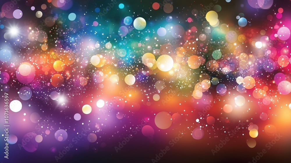 Poster Festive abstract background with vibrant colorful lights, bokeh effect, and sparkles for a celebration or party banner. Glittering stars and glowing light effects on a dark backdrop create a captivati