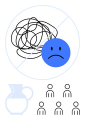 Tangled lines with a sad face, crossed out, suggesting no stress. Below are a water pitcher and group icons. Ideal for stress relief, mental health, hydration, social interaction, self-care