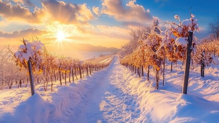 A snow-covered vineyard path winds through the hills, bathed in the golden glow of sunrise.