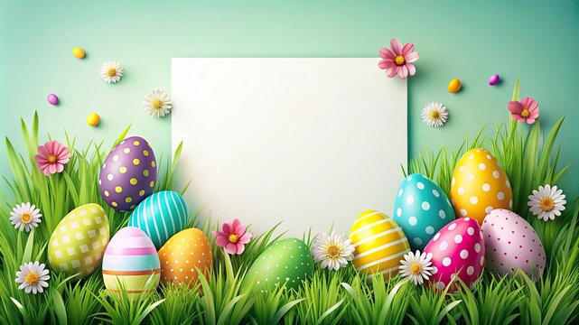 A vibrant Easter card design featuring colorful eggs and flowers with space for personalized messages