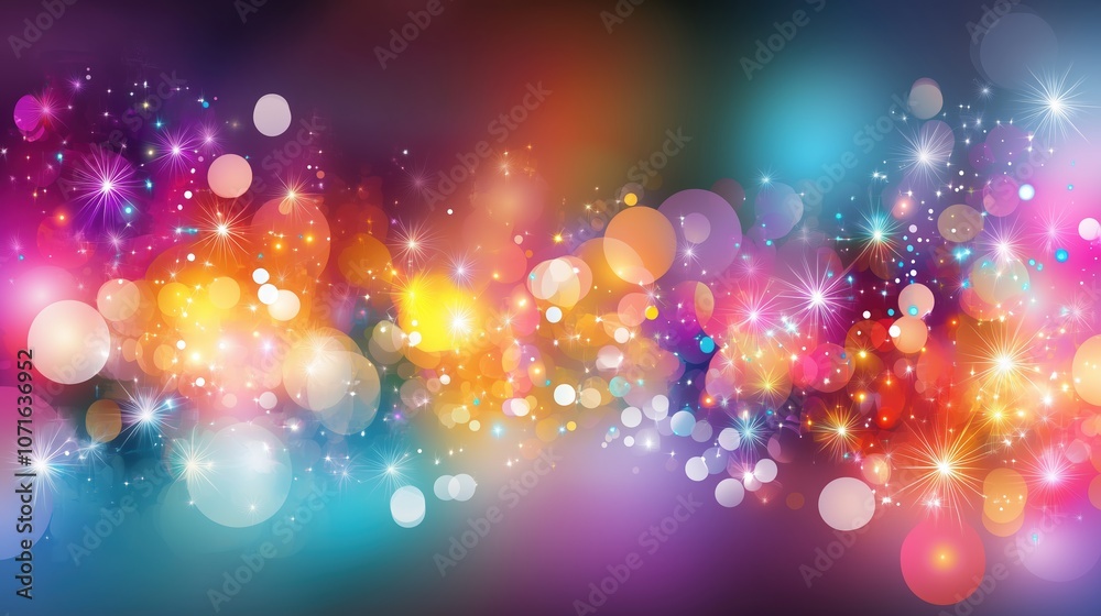 Poster Festive abstract background with vibrant colorful lights, bokeh effect, and sparkles for a celebration or party banner. Glittering stars and glowing light effects on a dark backdrop create a captivati