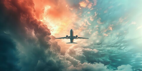 Naklejka premium Airplane Soaring Through Dramatic Sunset Clouds