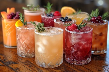 A row of colorful drinks with garnishes on top