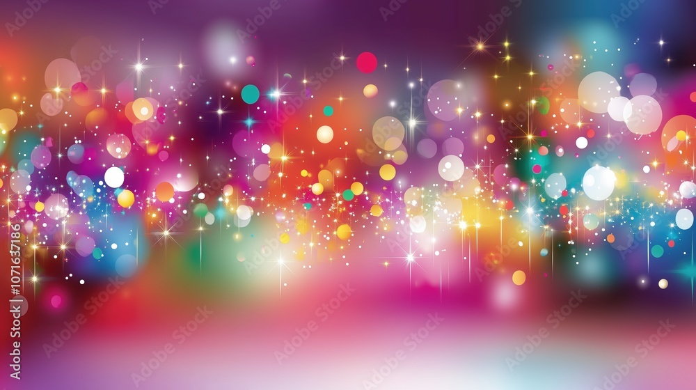 Poster Festive abstract background with vibrant colorful lights, bokeh effect, and sparkles for a celebration or party banner. Glittering stars and glowing light effects on a dark backdrop create a captivati