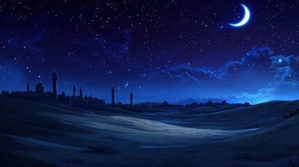 Fototapeta premium Desert Night with Crescent Moon and Starry Sky