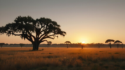 Obraz premium Sunset at savannah plains, Sunset Over Savannah with Lone Leafless Tree and Golden Light