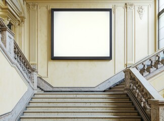 Fototapeta premium High-end subway advertising space on a cream wall with decorative marble stairs.
