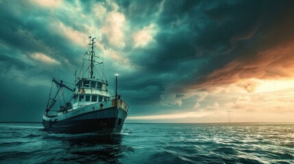 Fishing Boat Navigating Through Stormy Seas at Sunset