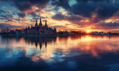 Naklejka premium Frederiksborg Castle, in the town of Hillered on Lake Slotsse. Panorama. Denmark. XVI century. Copenhagen, Denmark, Europe