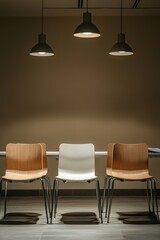 Fototapeta premium Warmly lit room with row of wooden chairs, one white chair stand