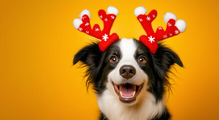 Fototapeta premium Festive Dog with Reindeer Antlers