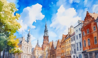 Fototapeta premium Watercolor View of the Old Town Ratslaukums square, Roland Statue, The Blackheads House and St Peters Cathedral against blue sky in Riga, Latvia. Summer sunny day