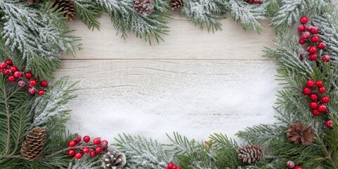 Snow Covered Evergreen Branches With Pine Cones and Red Berries Bordering a Snowy Woodgrain Background