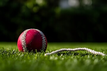 Close up Cricket ball on field touching boundary rope four runs with copy space