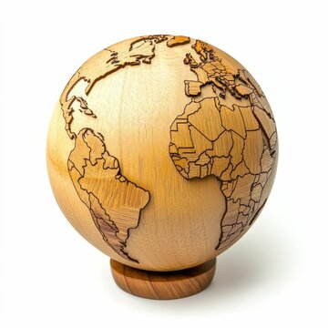 Wooden globe with continents carved in.