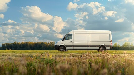White Delivery Van Parked in a Grass Field