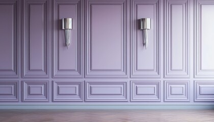 Obraz premium Pale violet wall, chrome sconces, and wooden panels, refined decor.