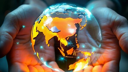 Illuminated globe in hands representing global connectivity and technological innovation - Powered by Adobe