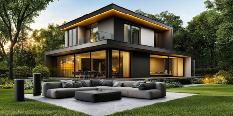 3D rendering modern two-story house beautiful garden has Efficient heating and cooling