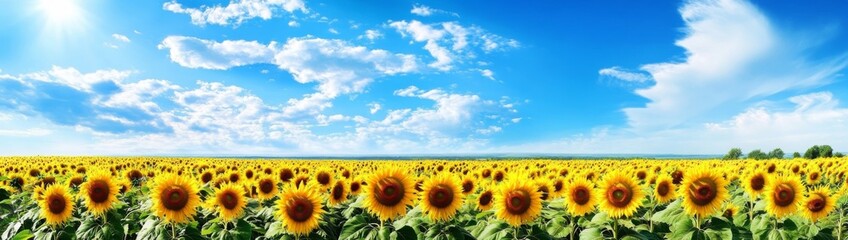Fototapeta premium Beautiful landscape sunflower field sky blue white fluffy With Vibrant