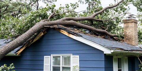 Blue house large tree that has fallen top damaged