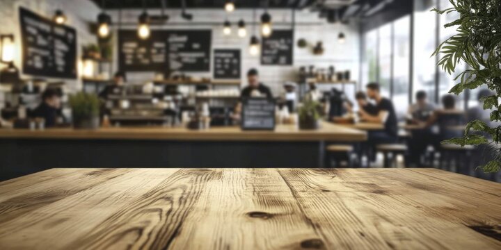 Close-up wooden table restaurant cafe is empty focus Blurred background of people