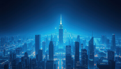 stunning futuristic cityscape at night, illuminated in blue tones, showcasing towering skyscrapers and vibrant urban atmosphere