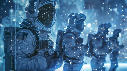 American astronauts wearing spacesuits with futuristic technology explore an alien planet with glowing particles and digital overlays, showcasing the future of space exploration