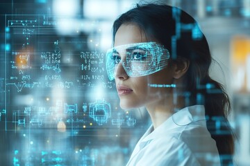 Woman with futuristic holographic interface overlay