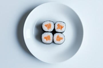 Minimalistic sushi rolls on white plate, top view