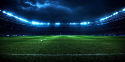 Large empty football stadium night lit up bright Blurry 3D sports