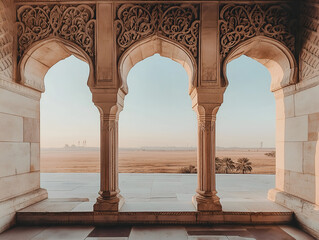 Fototapeta premium The traditional Indian arches, bathed in warm sunlight, framing a vast landscape.