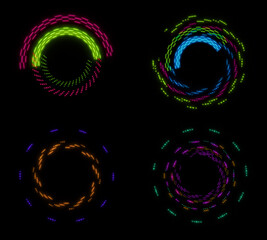 illustration of colorful glow lines for a design element or screensaver. Neon spiral frame in motion. Abstract neon light circle. Blacklight poster. Flat lay style. 