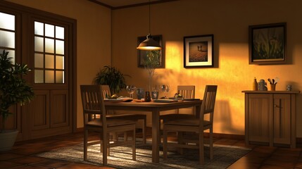Fototapeta premium Cozy Evening Dining Room with Rustic Wooden Furniture, Perfect for Family Gatherings, Intimate Dinners, and Relaxed Home Ambiance