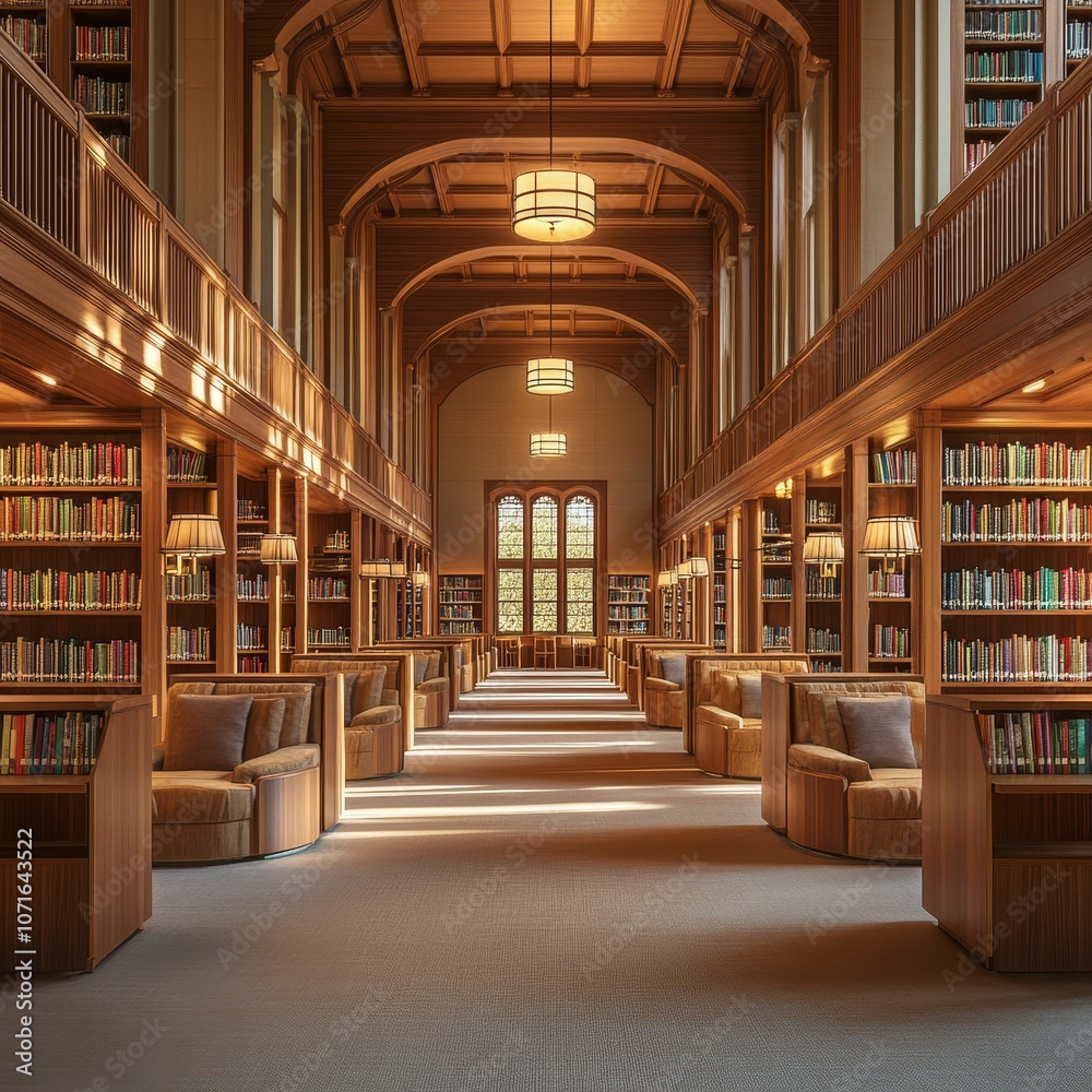 Canvas Prints A long, wooden library with bookcases and chairs.