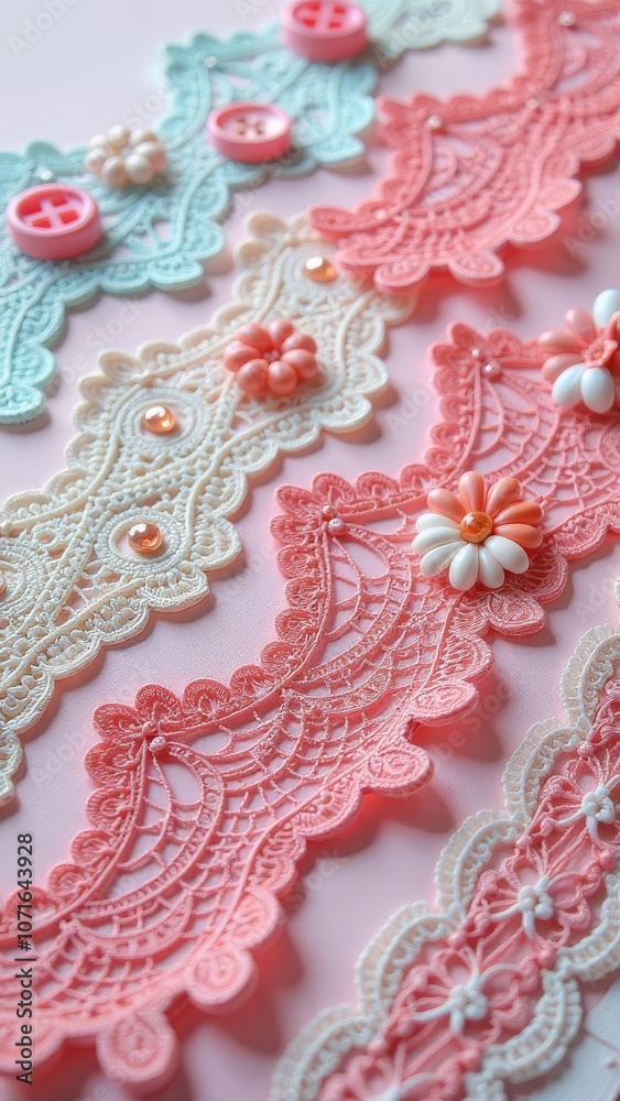 Aufkleber a close up of buttons and lace with a pink background