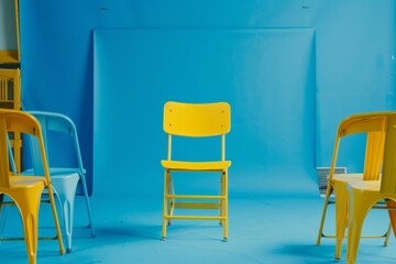 Obraz premium Bright yellow chair distinct from a group of chairs, blue studio backdrop, central focus