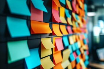 Wall covered colorful sticky notes are arranged Utilizing