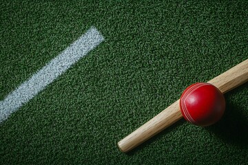 Cricket bat and red ball with natural lighting on green grass. Horizontal sport theme poster, greeting cards, headers, website and app