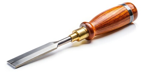 Naklejka premium Close-Up Aerial Photography of Wood Lathe Chisel on White Background, Highlighting Sharp Blade and Steel Construction for Carpentry Projects, Ideal for Craftsmen and Woodworkers