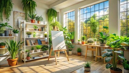 Bright and Lively Studio Space with White Canvas Wall, Sunlit Window, Lush Green Plants, and a Cozy Collection of Books for an Inspiring Creative Environment