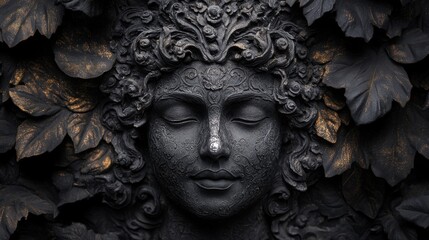A serene, sculpted face emerges from dark foliage, blending textures of stone and nature