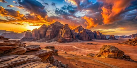Breathtaking Silhouette of Red Orange Sandstone Rock Formations in Wadi Rum Desert, Valley of the Moon, Jordan at Sunset - Stunning Desert Landscape Photography