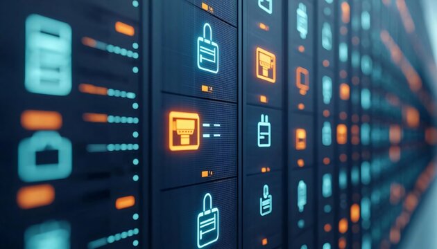 Futuristic digital interface showcasing security icons and data management systems in a modern setting.
