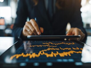 Professional analyzing financial data on a tablet in a modern office environment.